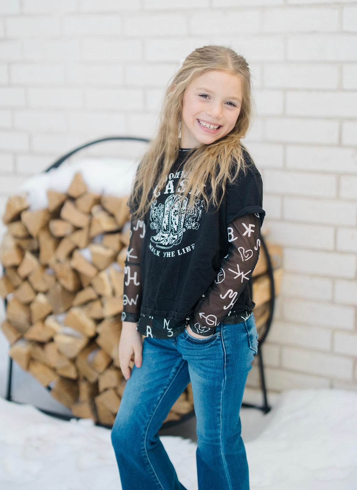 Kids Black Brand Sheer Mock Neck Top