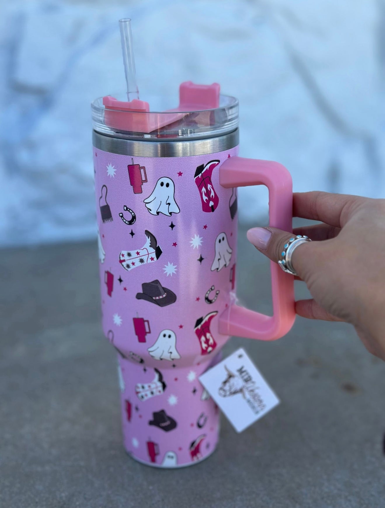 Pink Ghost Tumbler with Handle