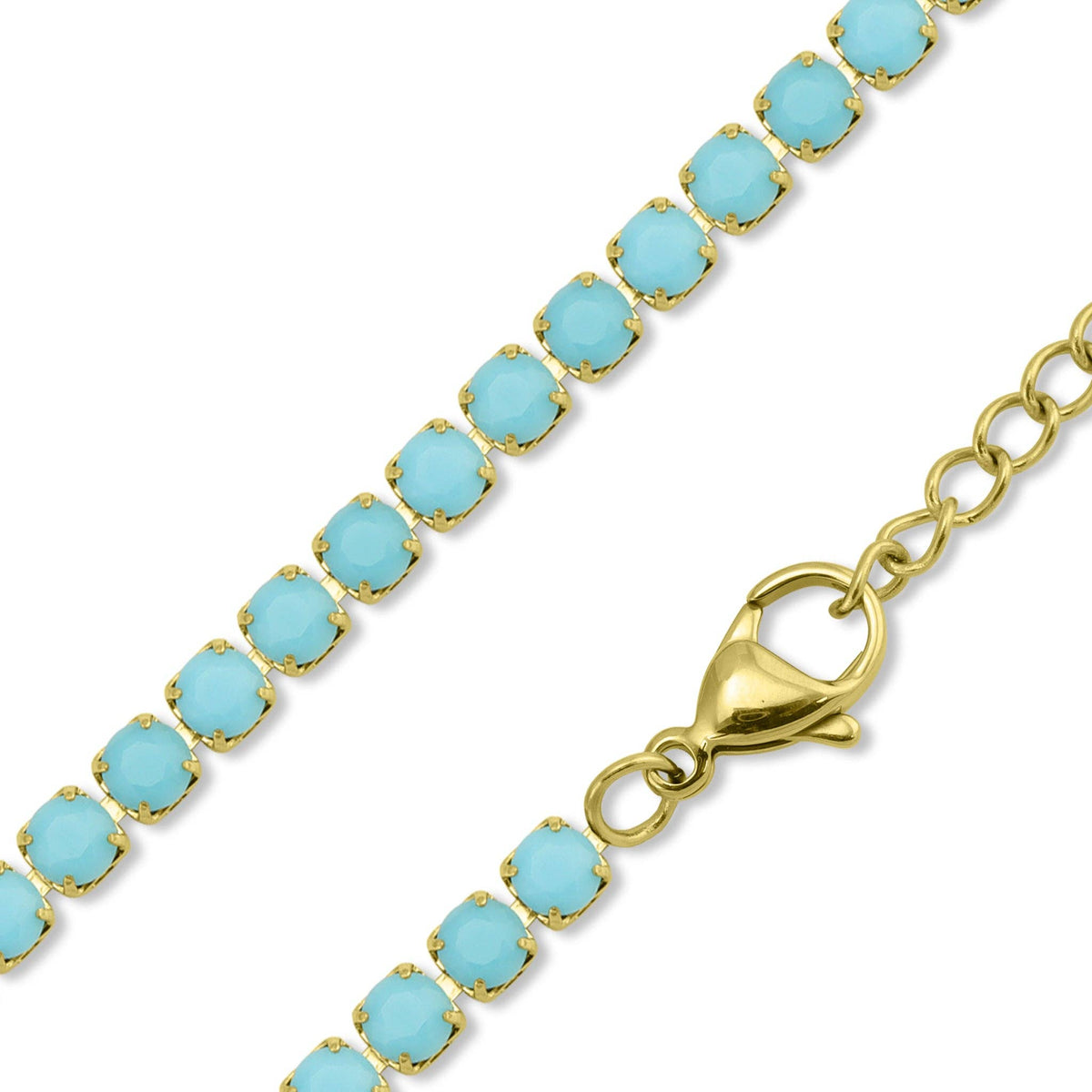 18k Gold Turquoise Rhinestone Tennis Chain Necklace: 16"+2" / 3mm