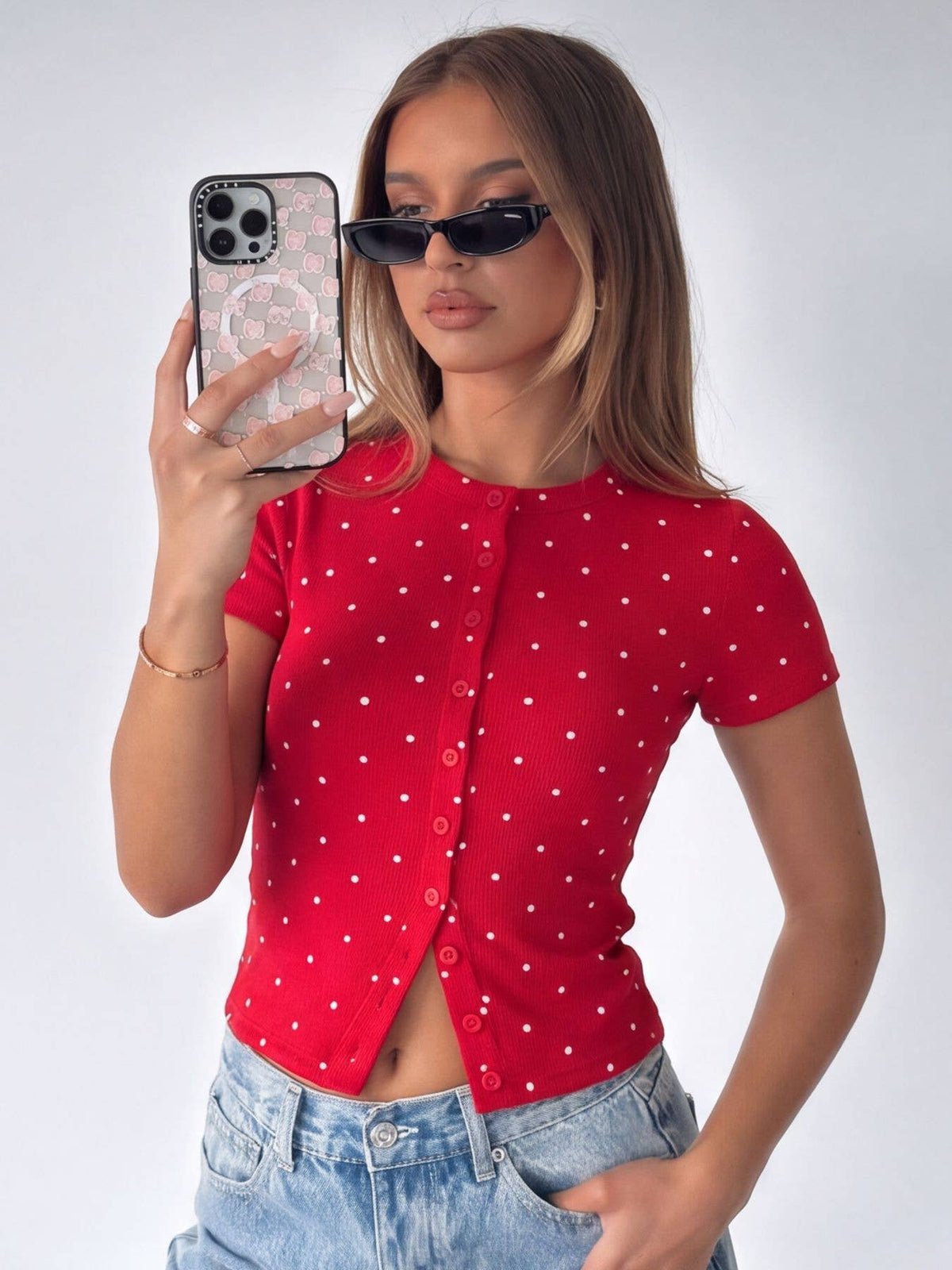 Ribbed Polka Dot Fitted Short Sleeve T-Shirt: White