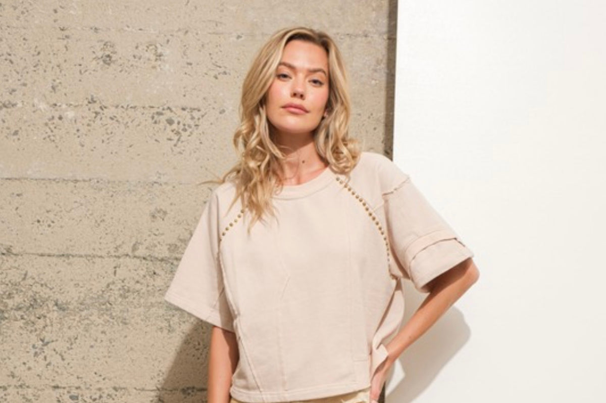 Cream Beige Raw Vintage Studded Sweatshirt