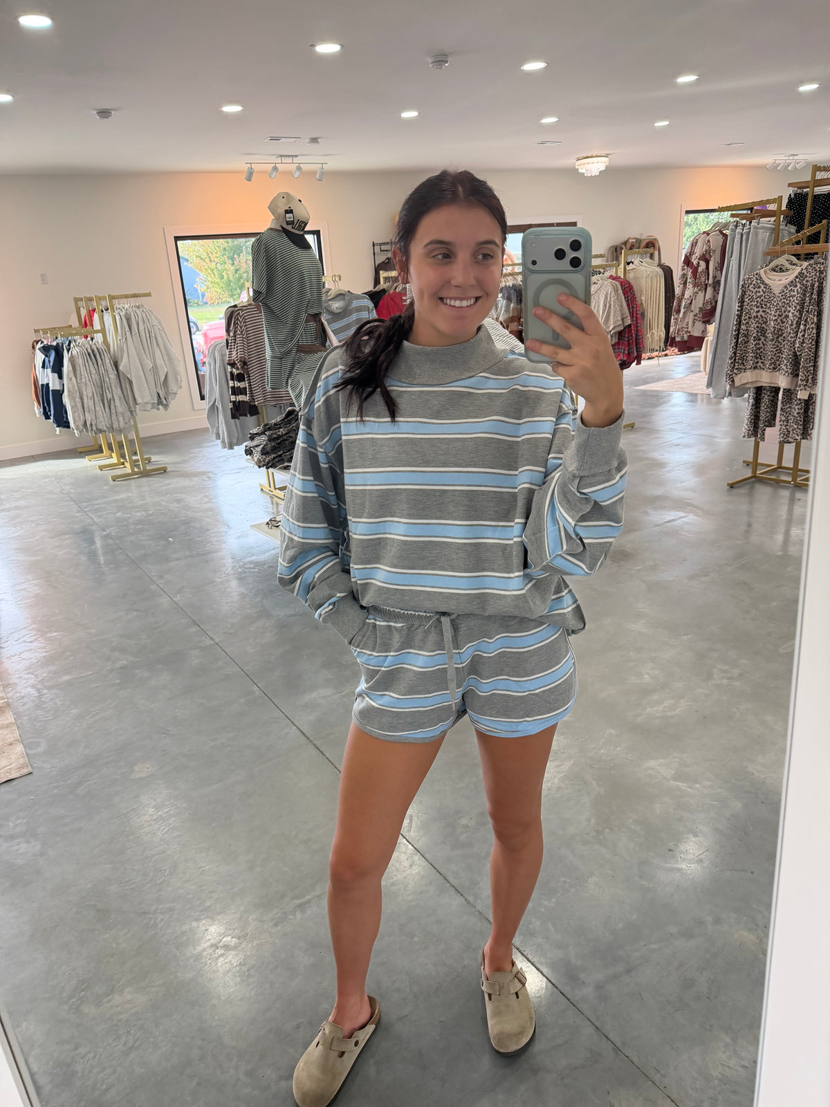 Stripe Print Drawstring Shorts Grey/Blue