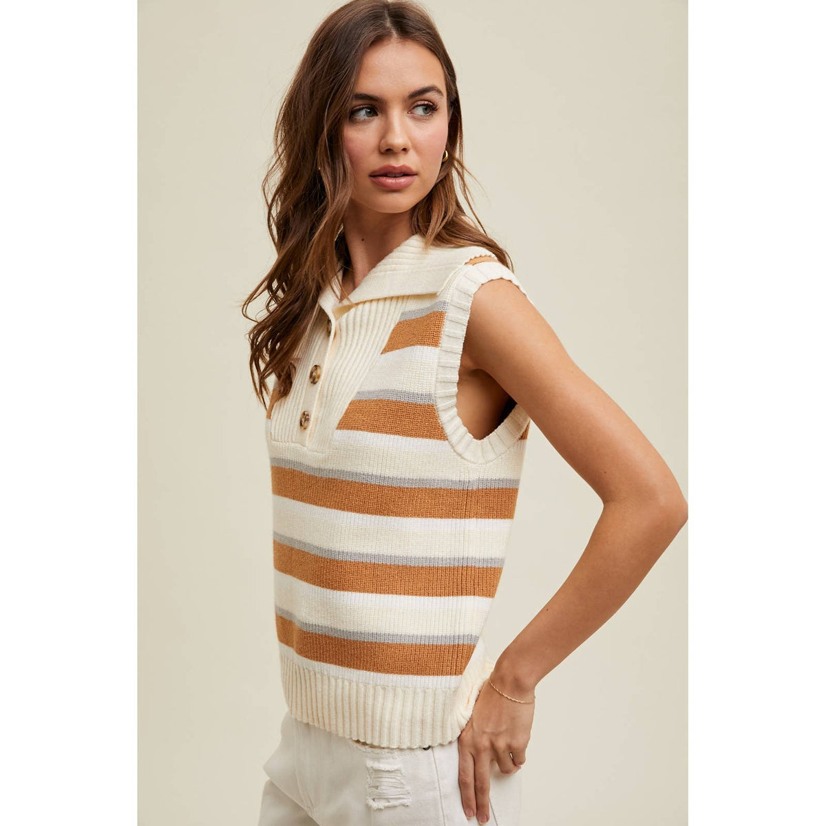 MULTI-COLOR STRIPED SWEATER VEST WITH COLLAR