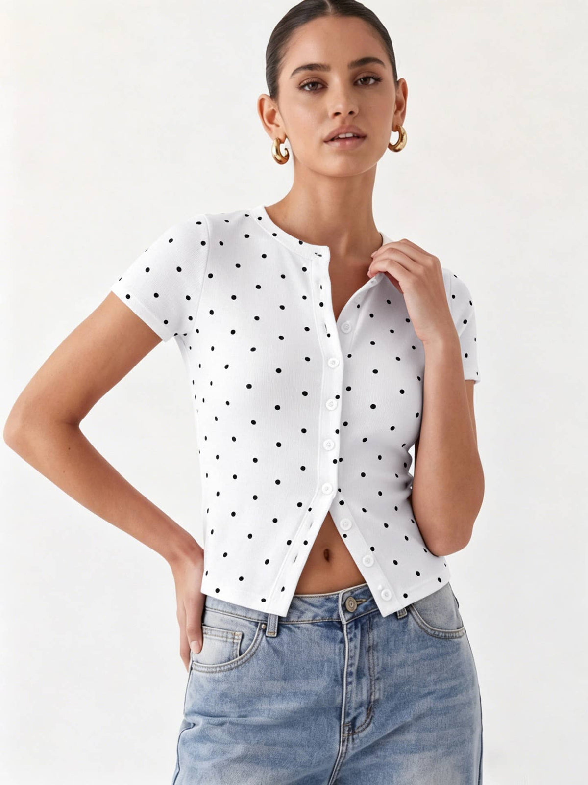 Ribbed Polka Dot Fitted Short Sleeve T-Shirt: Red