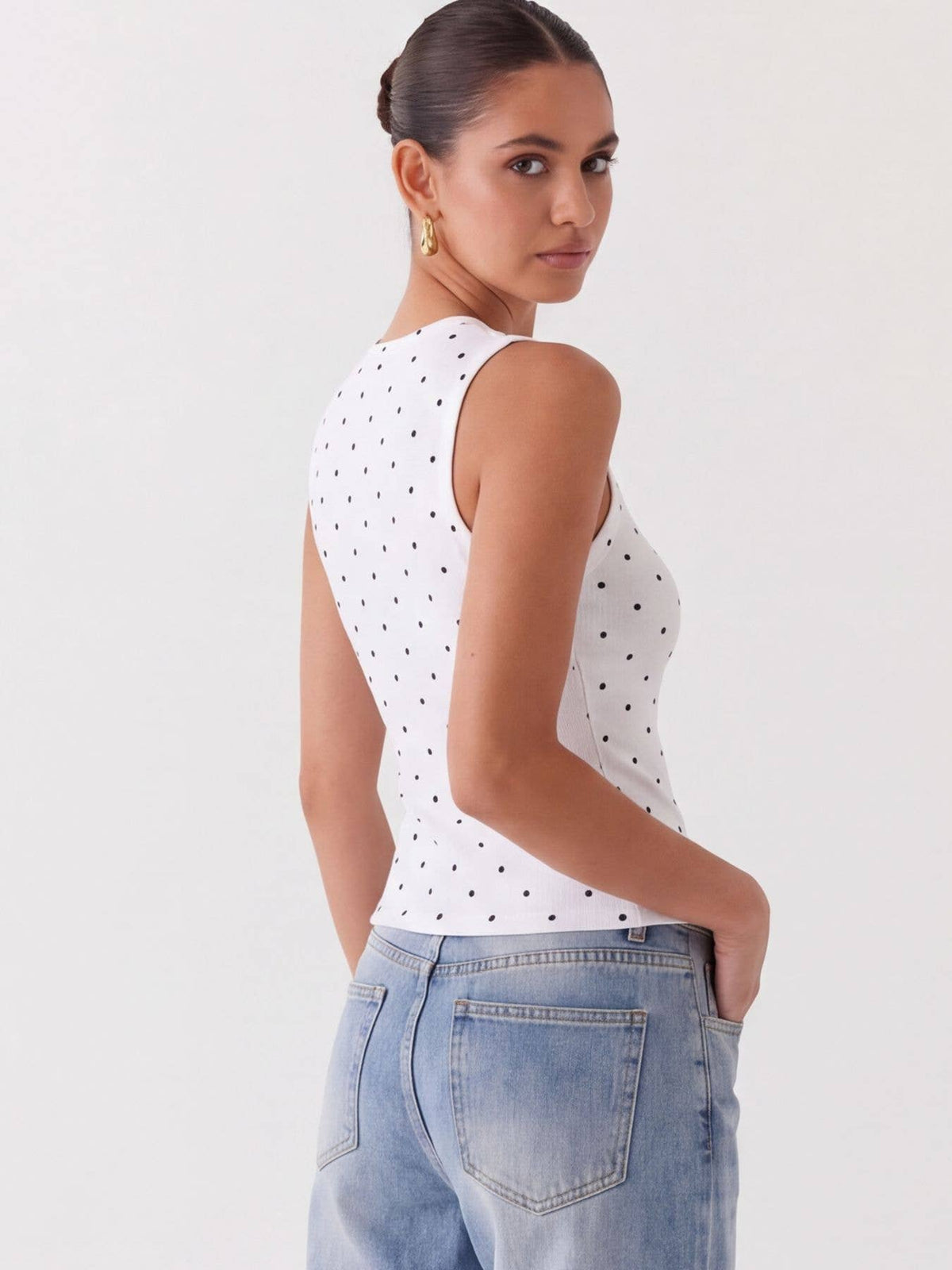 Polka Dot Ribbed Slim Fit Tank Top: White