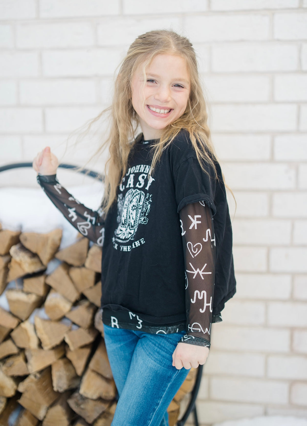 Kids Black Brand Sheer Mock Neck Top