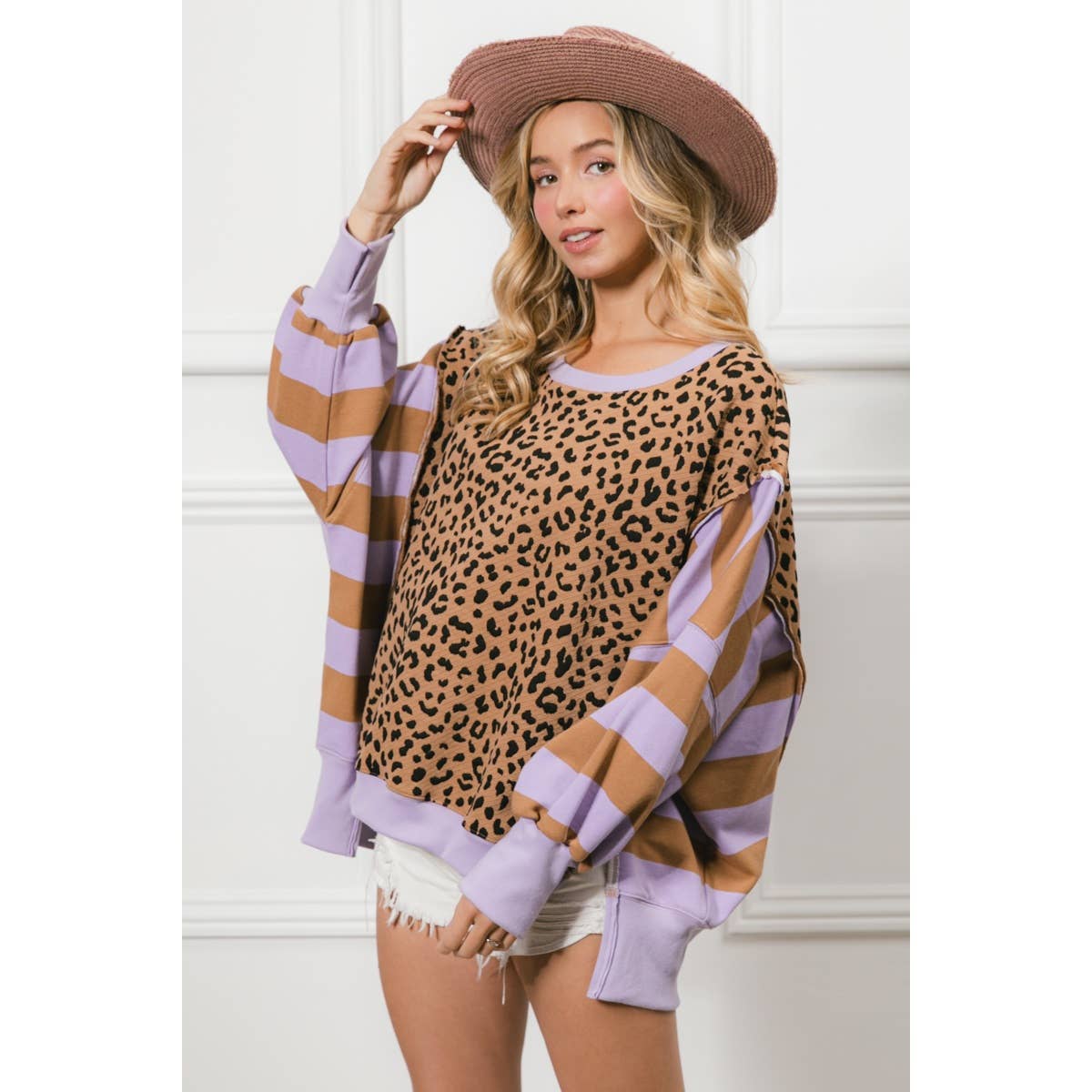 LEOPARD AND STRIPE MIXED TOP: CAMEL