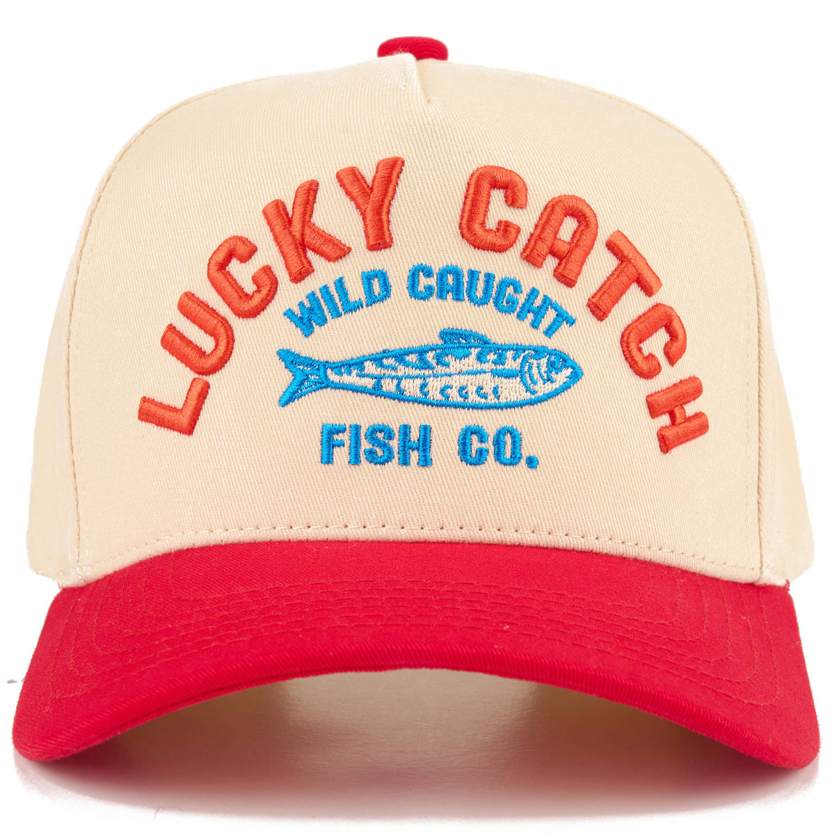 C.C LUCKY CATCH Embroidered Letter on Two Tone Trucker Hat: Red