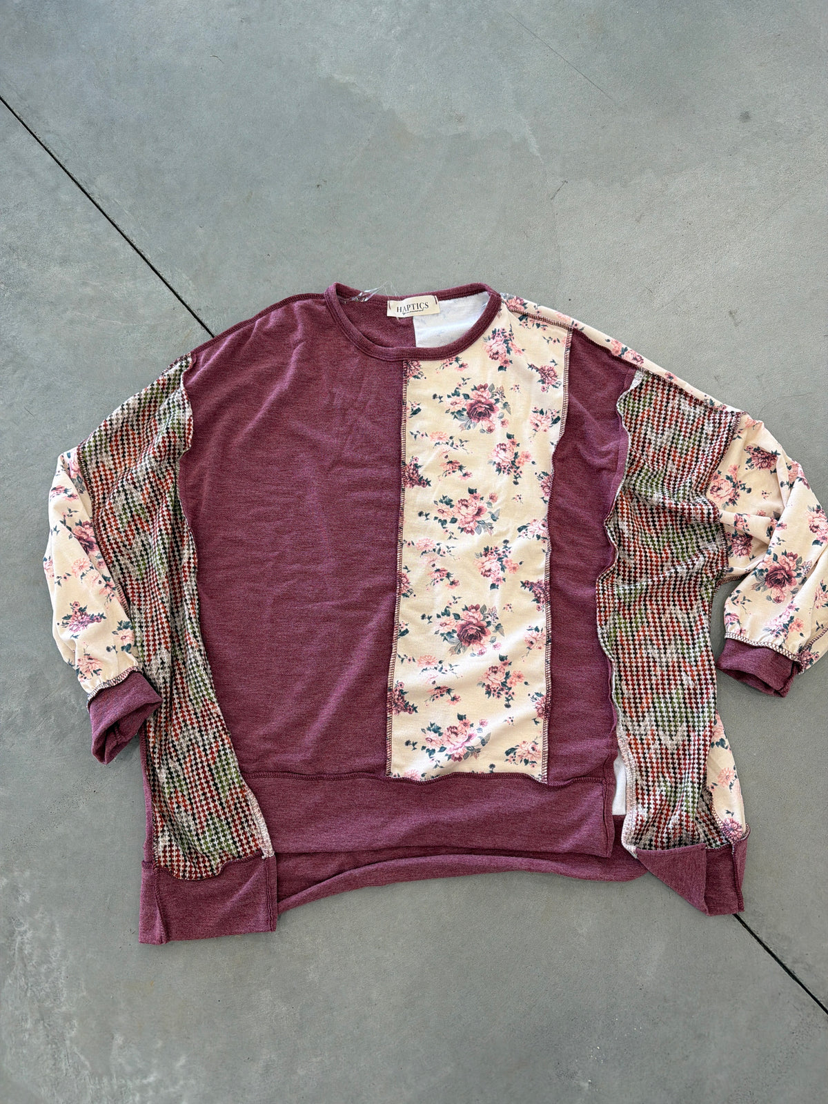 Burgundy Mixed Floral Waffle Knit Top