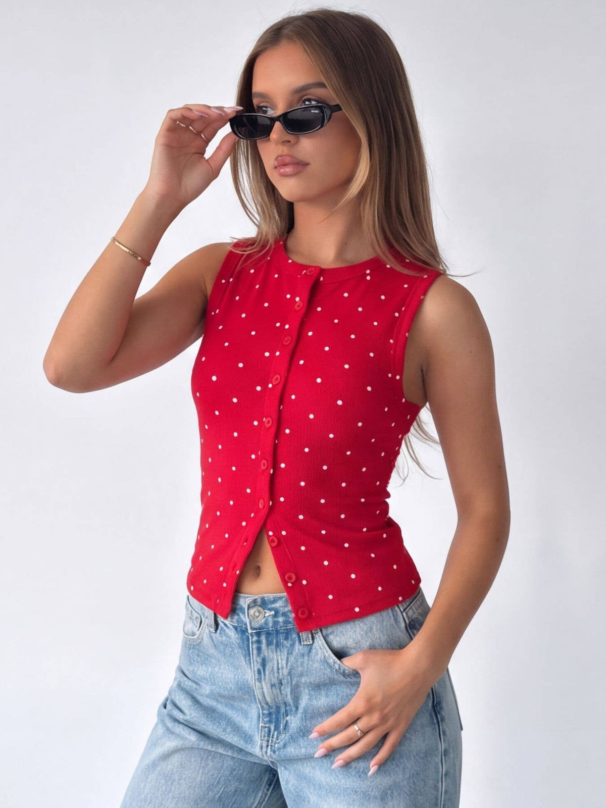 Polka Dot Ribbed Slim Fit Tank Top: Red