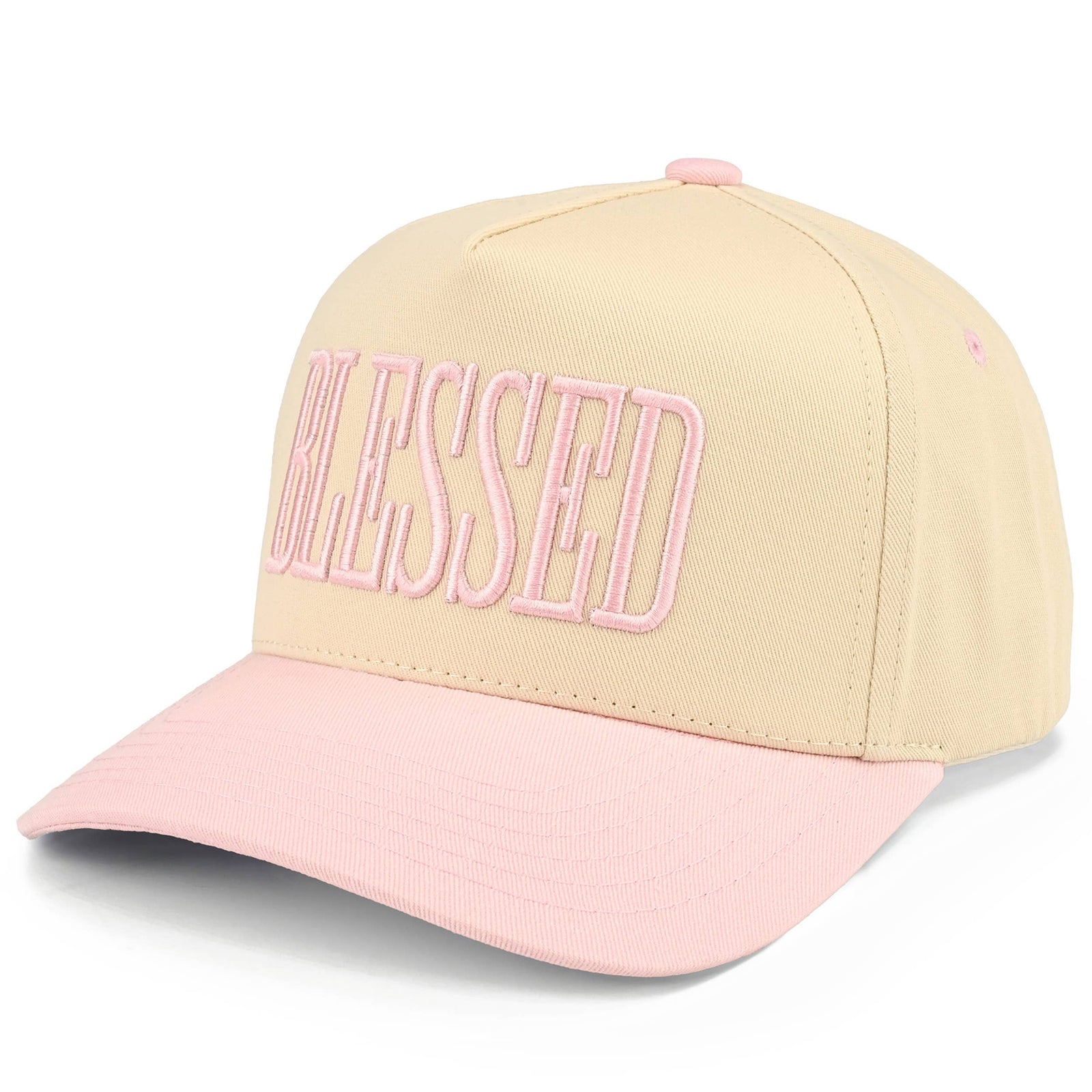 C.C BLESSED Letter Embroidered Two Tone Trucker Cap: Light Pink