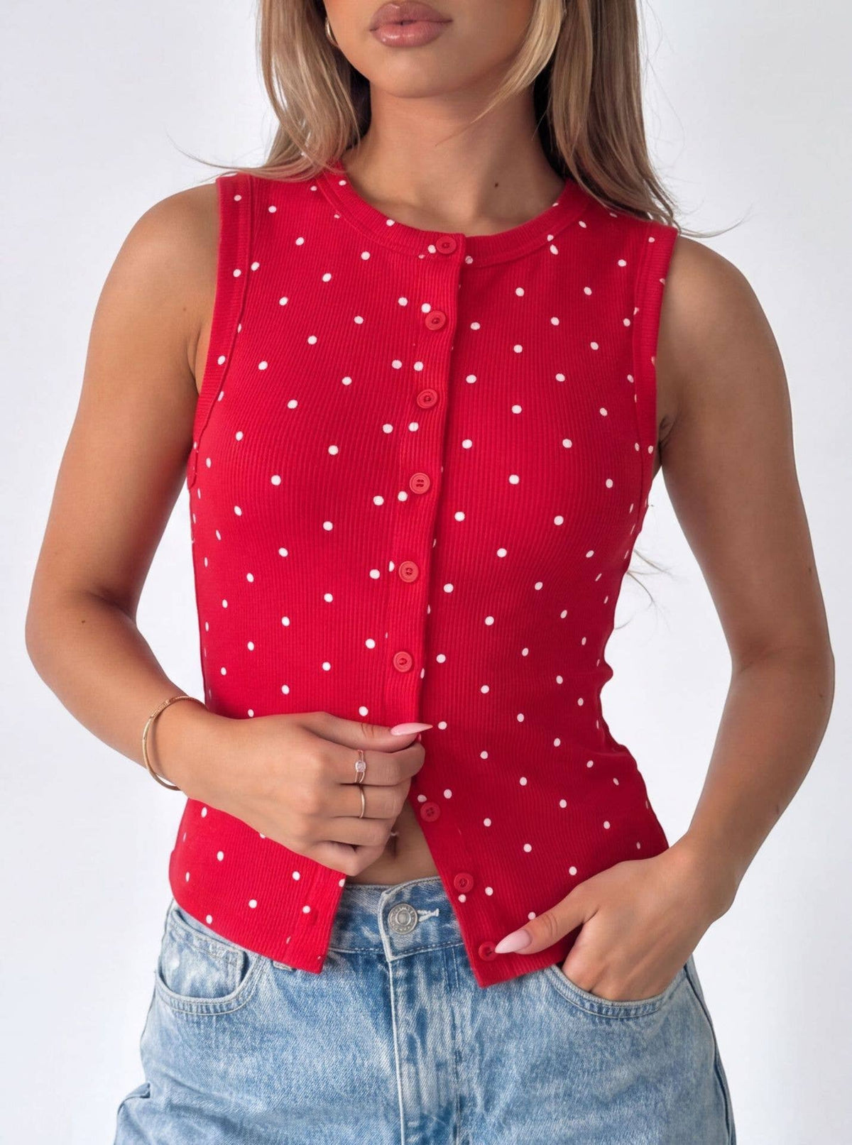 Polka Dot Ribbed Slim Fit Tank Top: Red