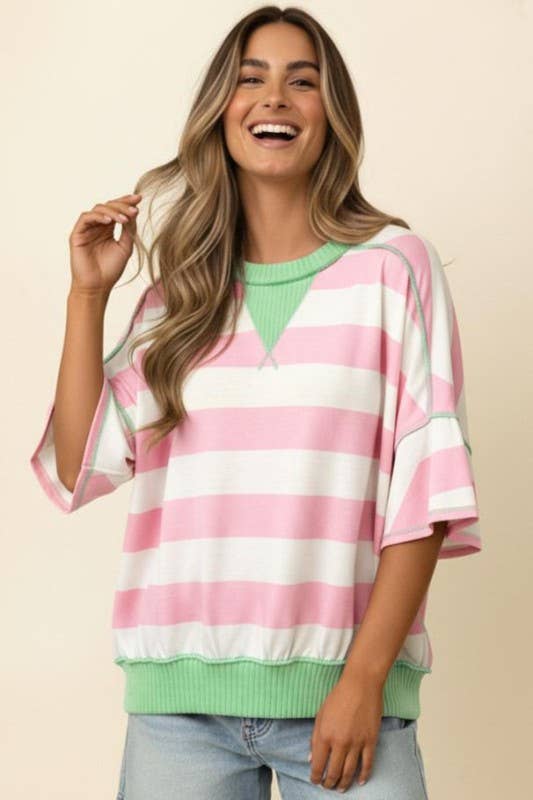 Flutter Elbow Sleeve Stripe French Terry Top