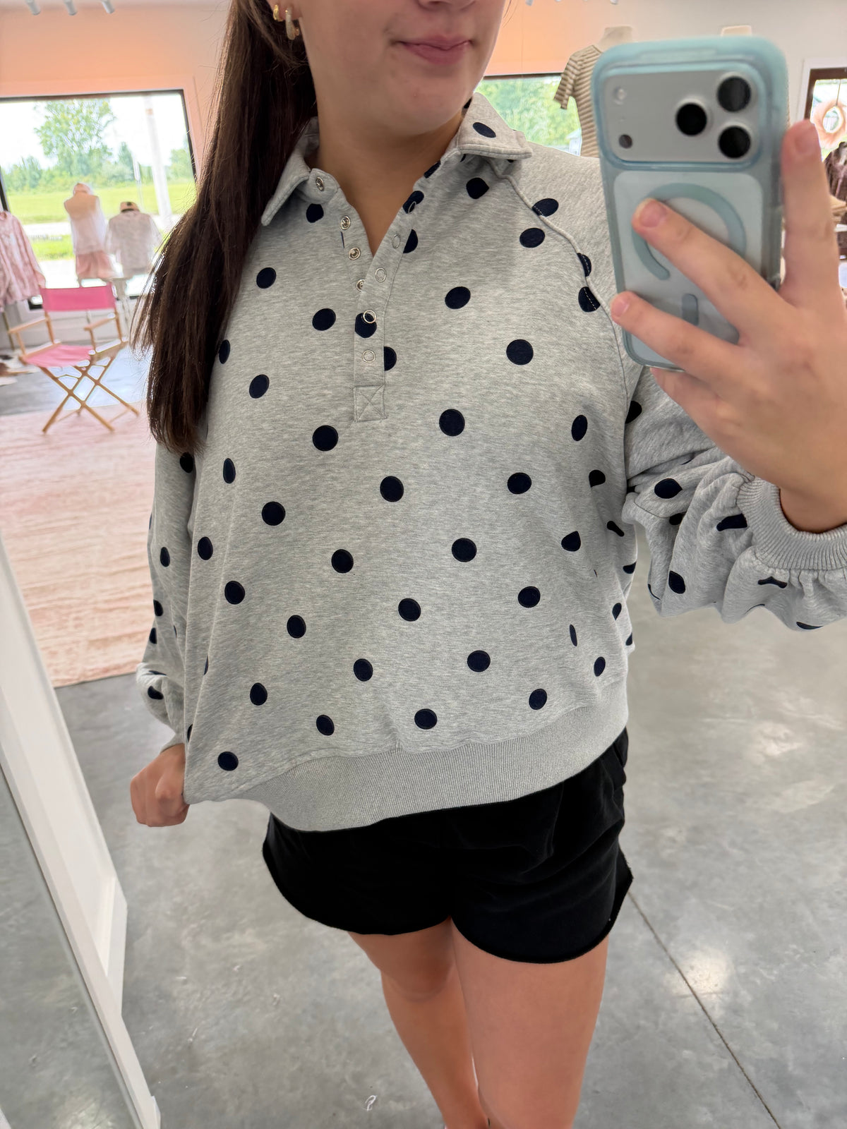 Grey Navy Polka Dot Snap Crew
