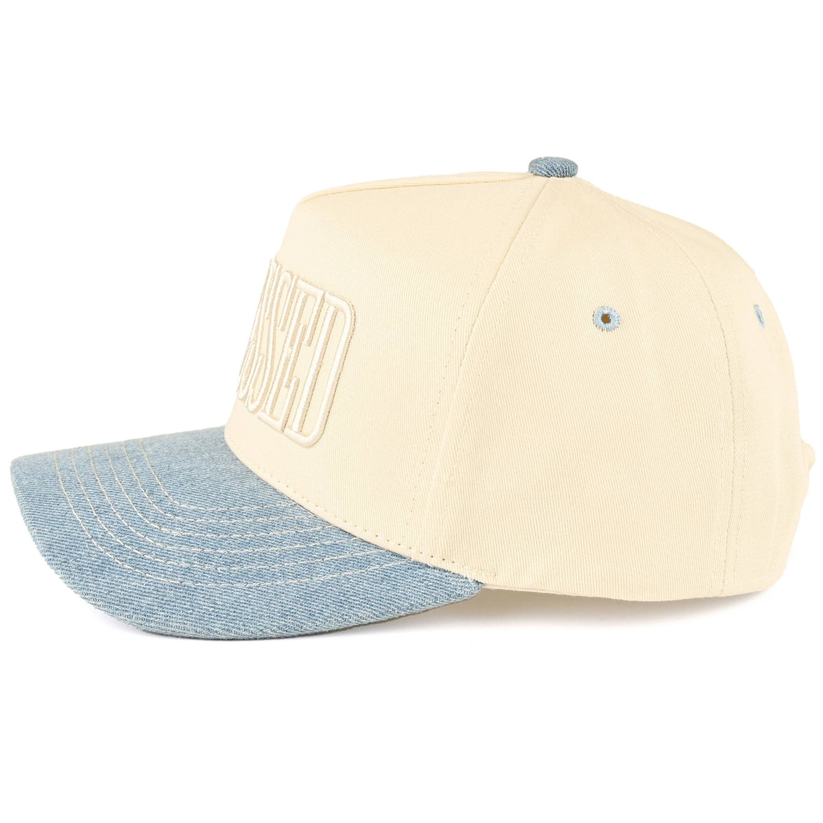 C.C BLESSED Letter Embroidered Two Tone Trucker Cap: Denim