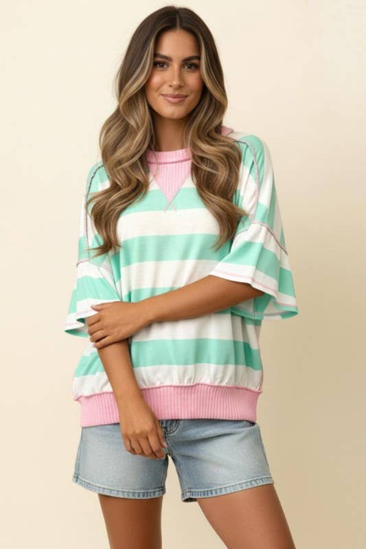 Flutter Elbow Sleeve Stripe French Terry Top