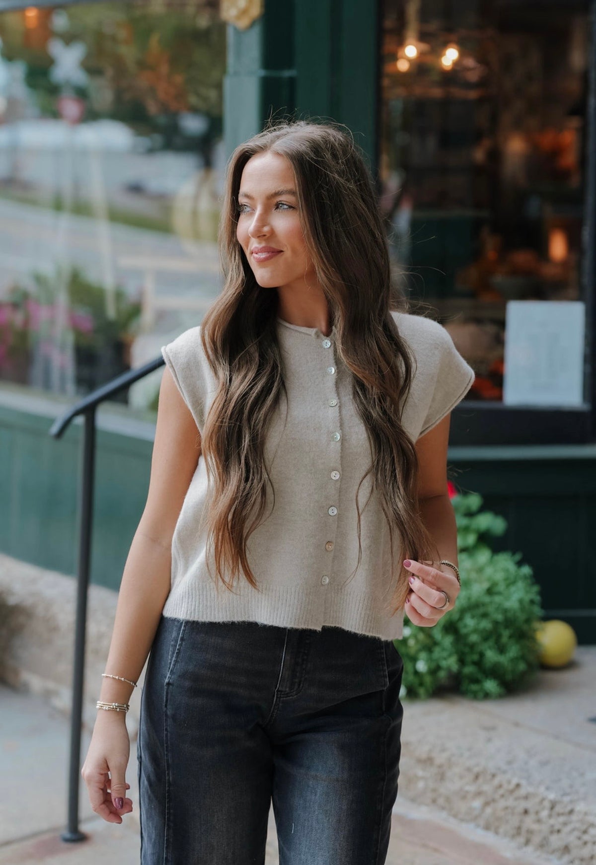 Taupe Rolled Edge Button Front Sweater Vest