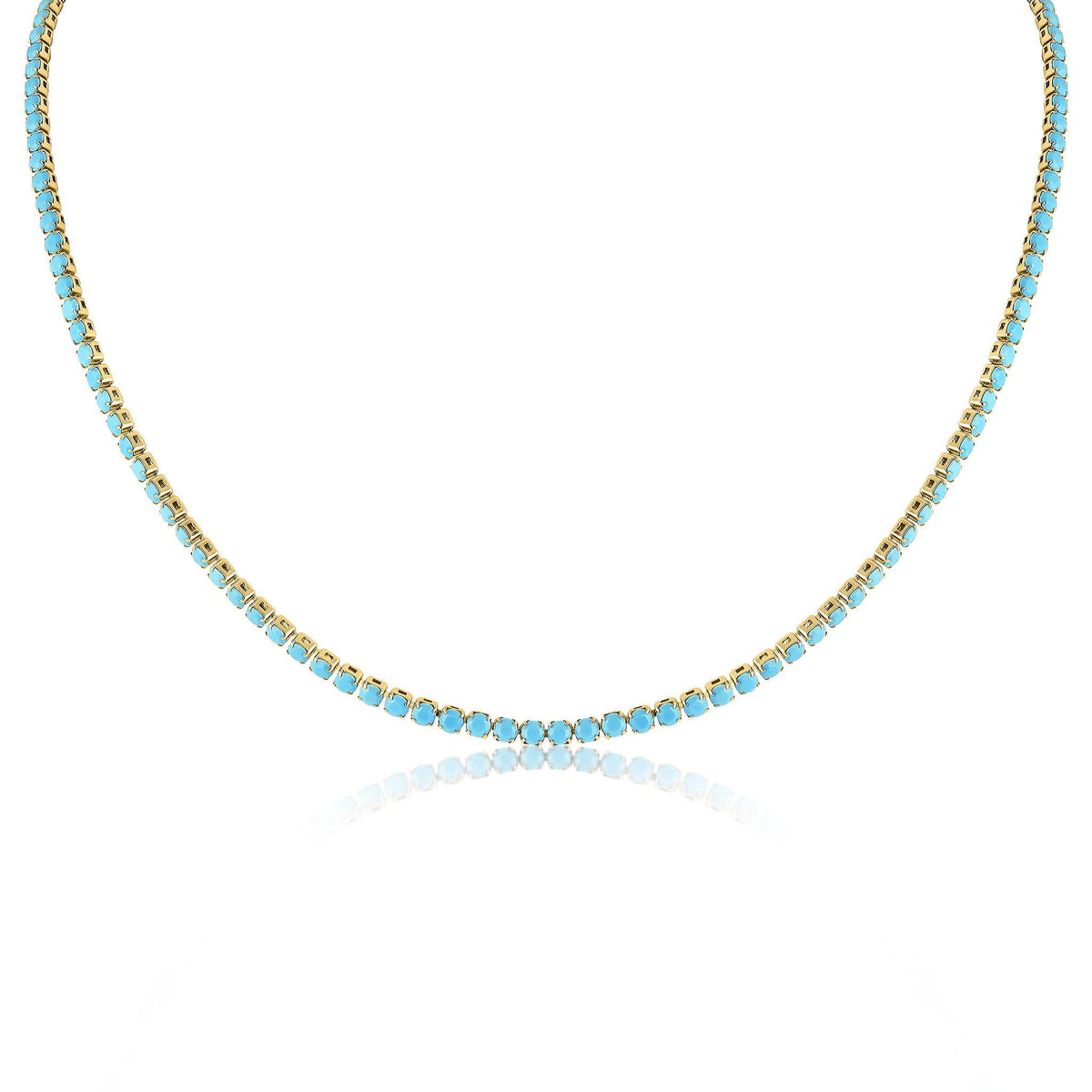 18k Gold Turquoise Rhinestone Tennis Chain Necklace: 16"+2" / 3mm