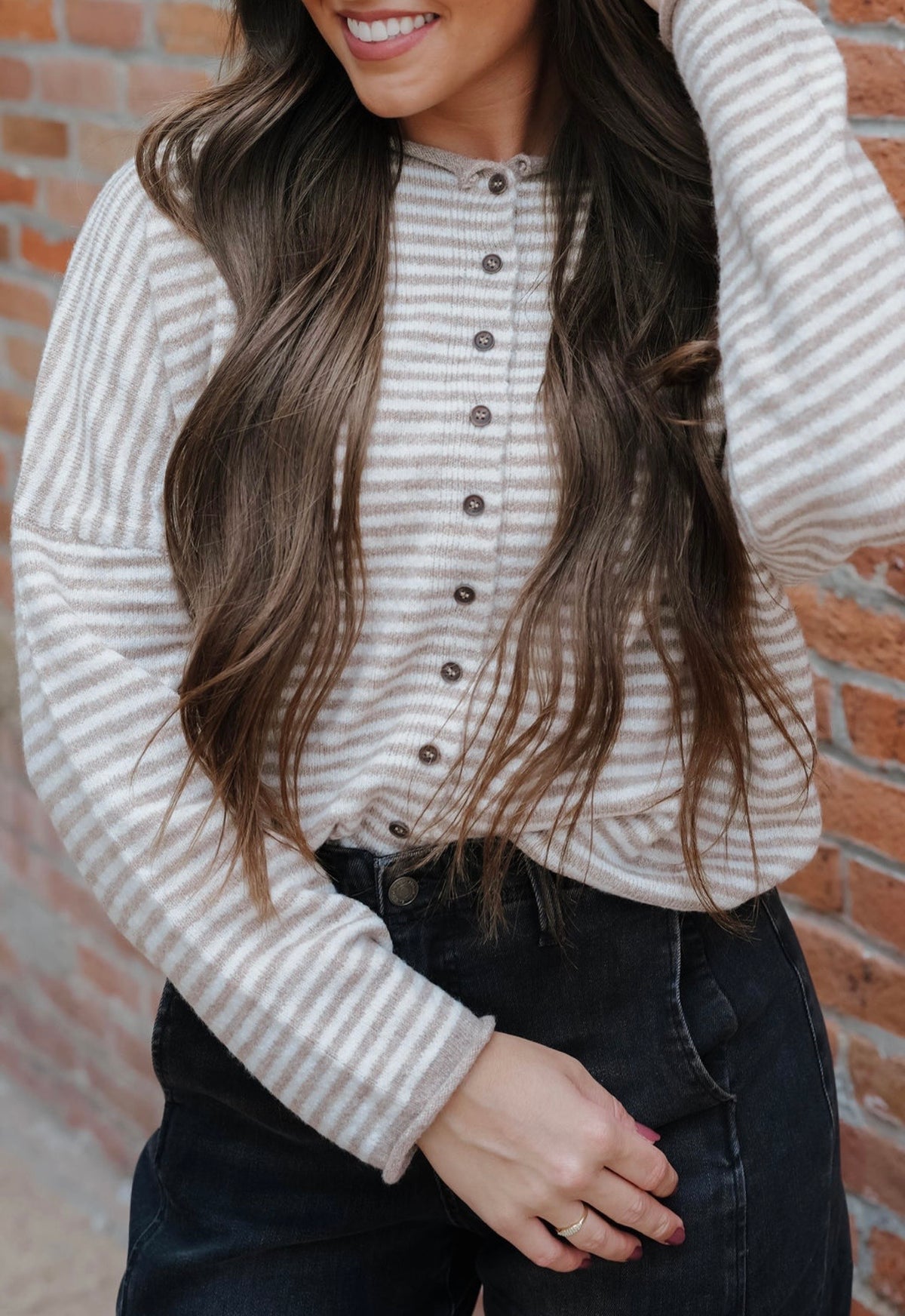 Stripe Raw Edge Drop Shoulder Knit Cardigan Tan
