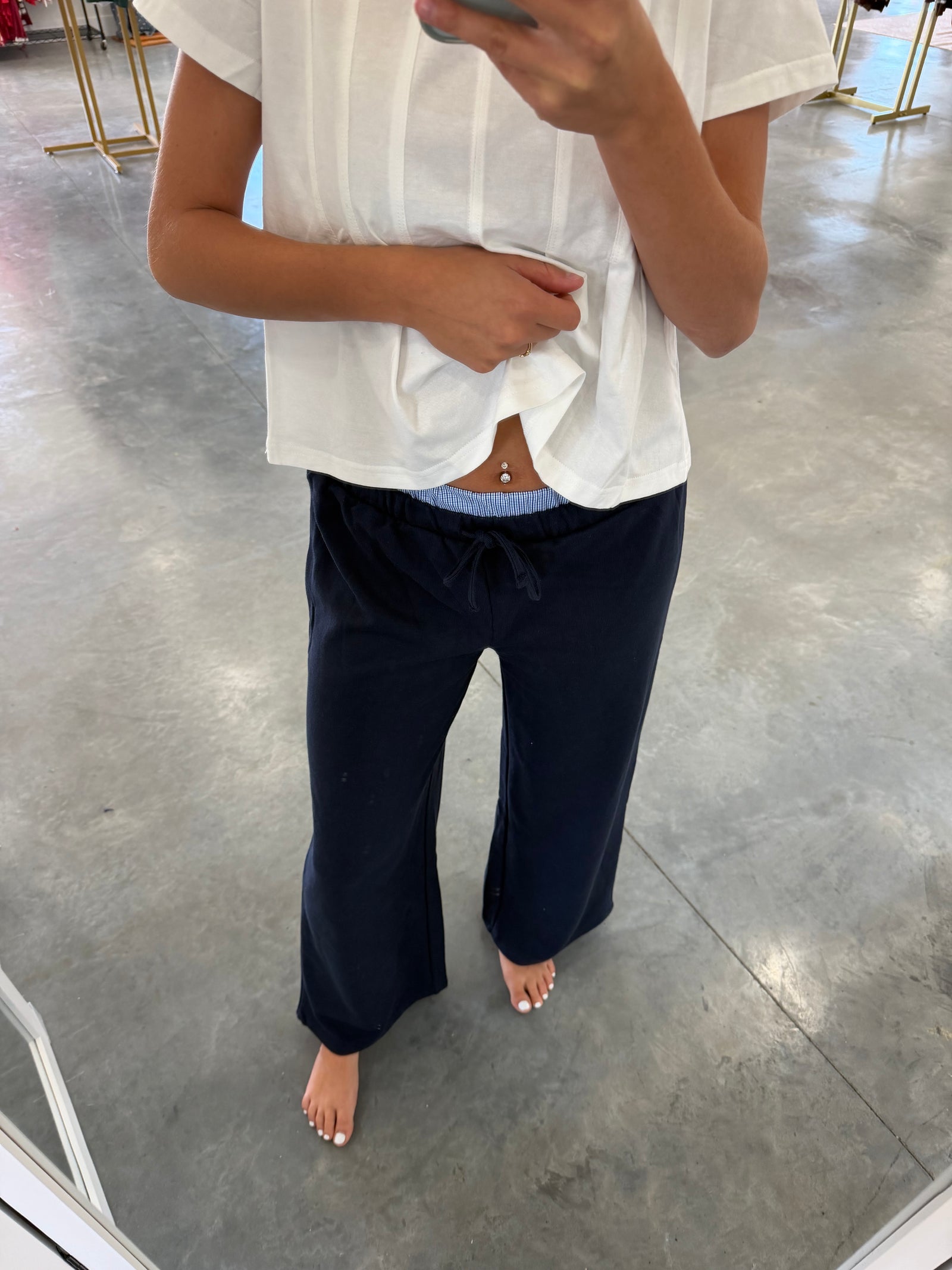 Navy Lounge Pants with Contrasting Check Panel