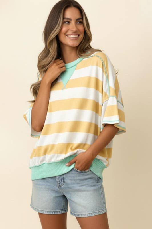 Flutter Elbow Sleeve Stripe French Terry Top