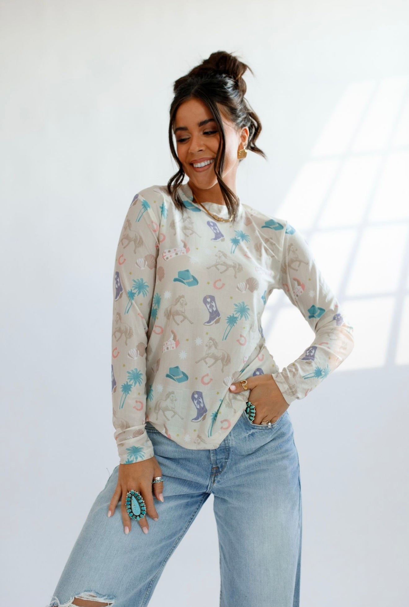 Coastal Cowgirl Sheer Mock Neck Top