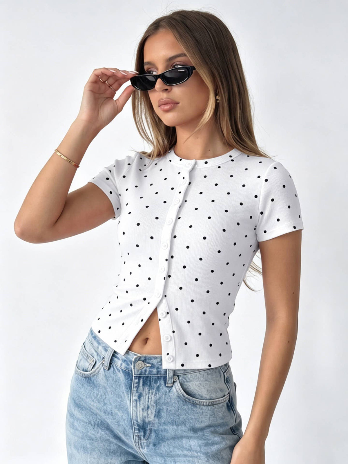Ribbed Polka Dot Fitted Short Sleeve T-Shirt: White
