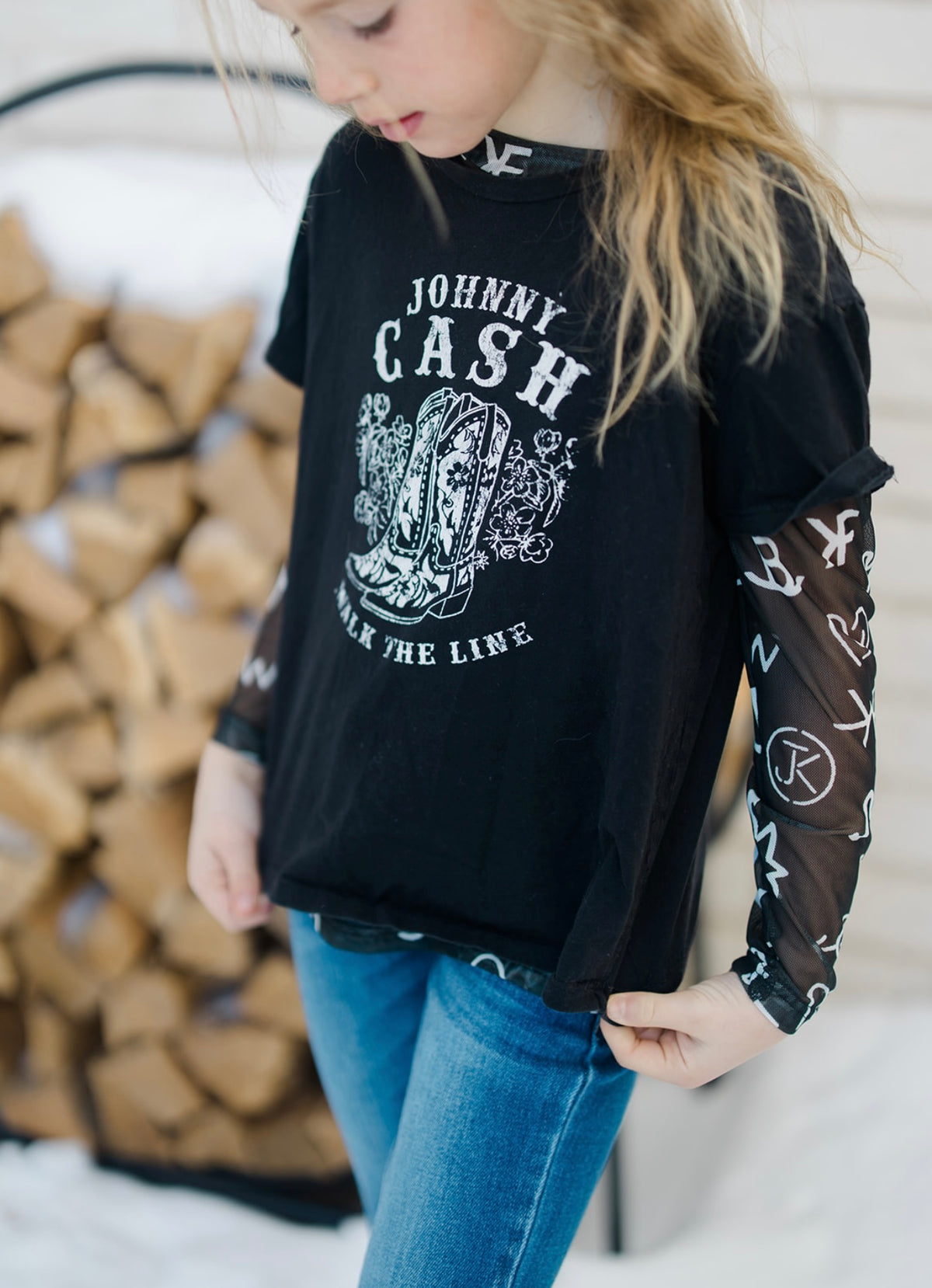 Kids Black Brand Sheer Mock Neck Top