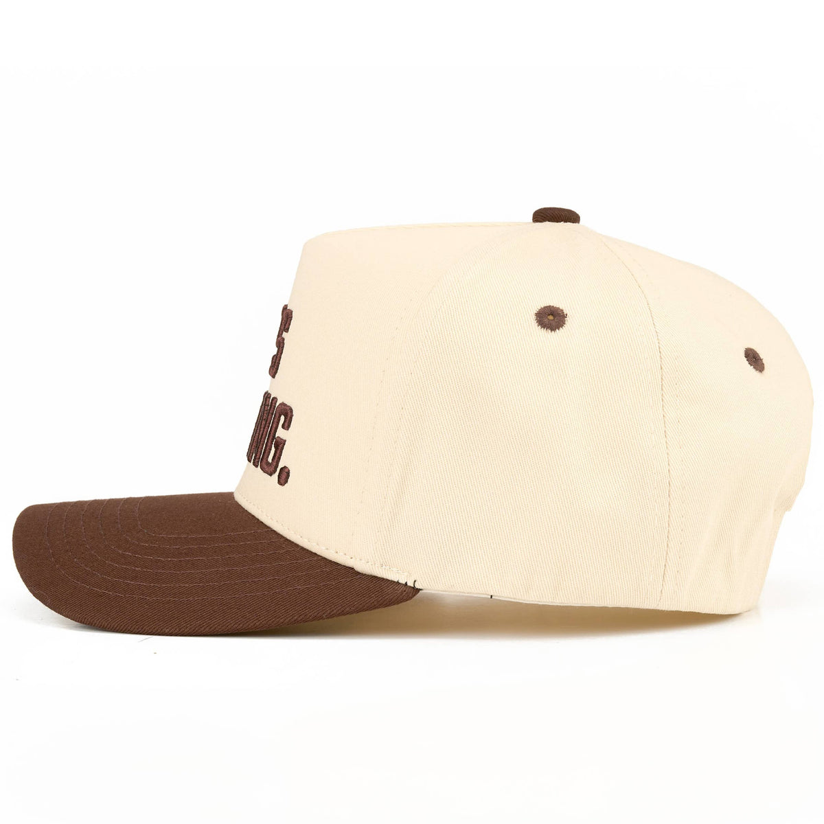 C.C HE'S FARMING Letter Embroidered Two Tone Trucker Hat: Brown