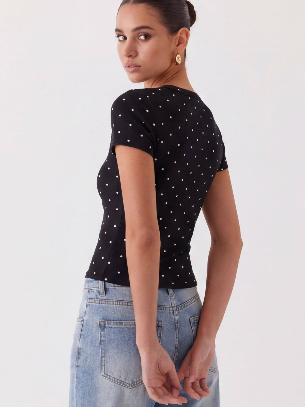 Ribbed Polka Dot Fitted Short Sleeve T-Shirt: White