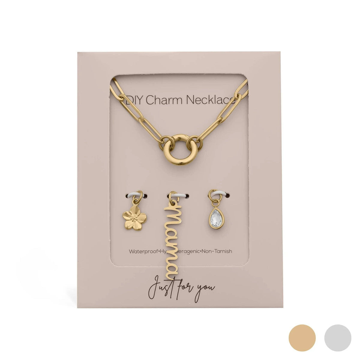 18K Gold Stainless Steel Mama Charm Holder Necklace Gift Set: Gold