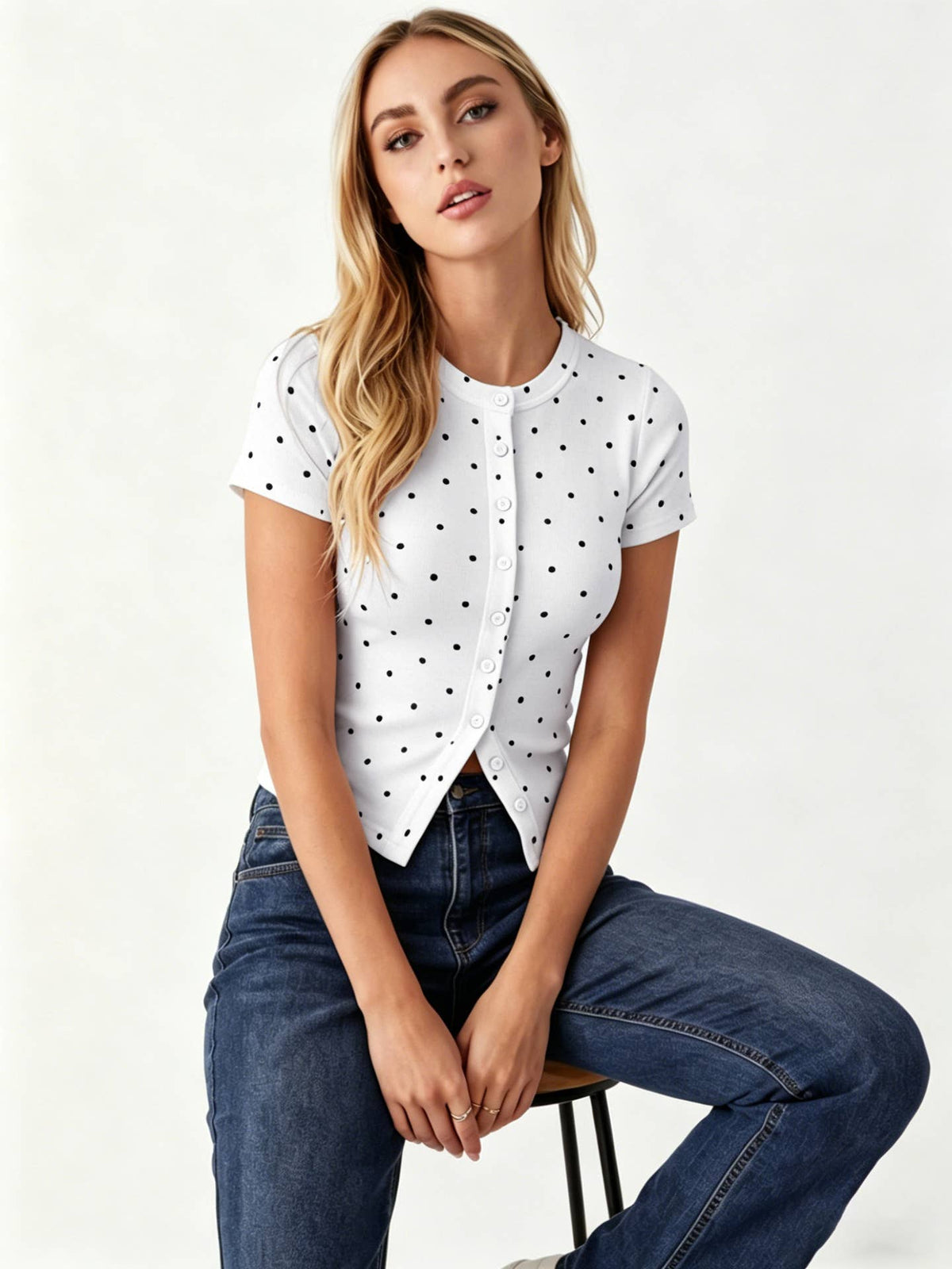Ribbed Polka Dot Fitted Short Sleeve T-Shirt: White