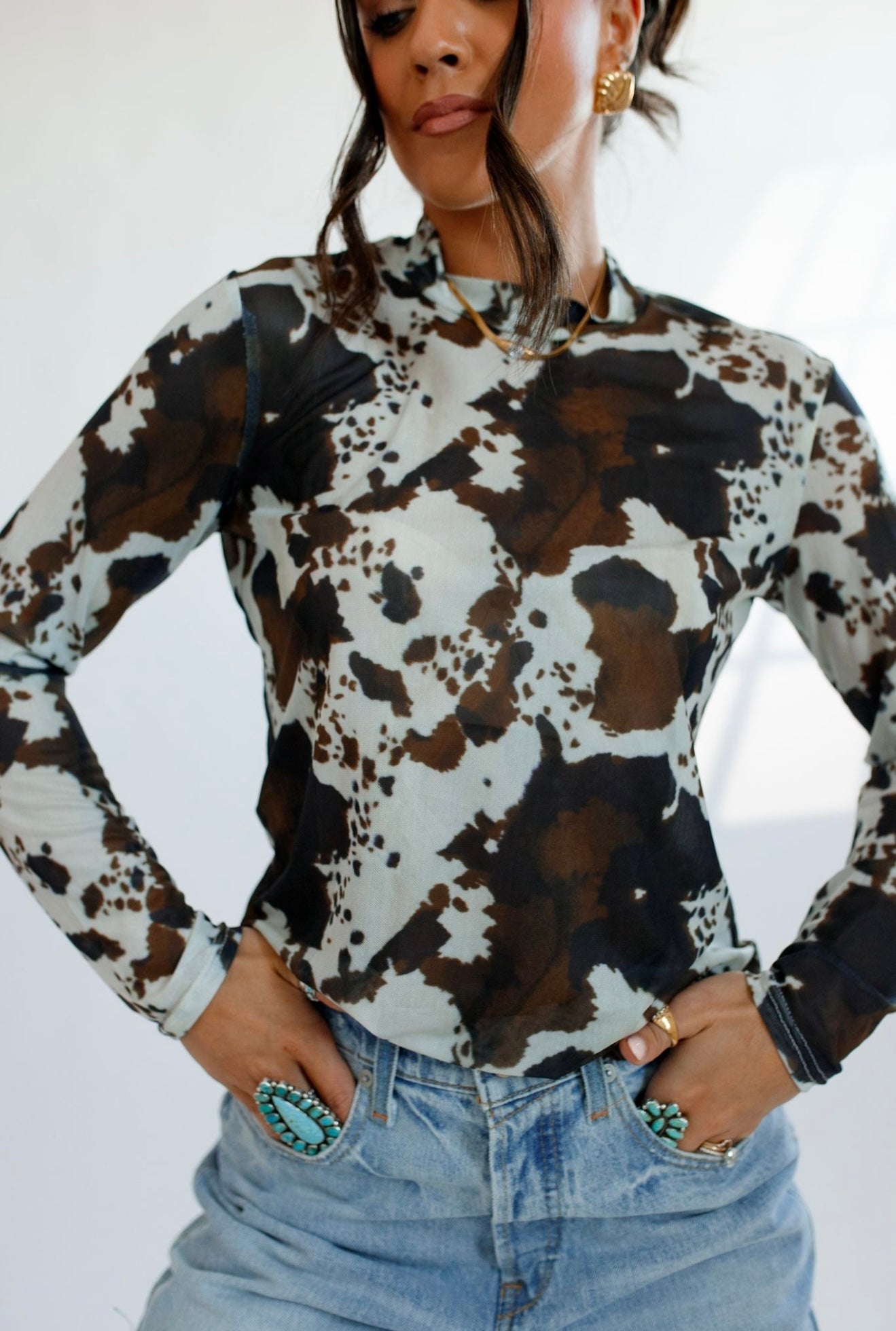 Brown Cowhide Sheer Mock Neck Top