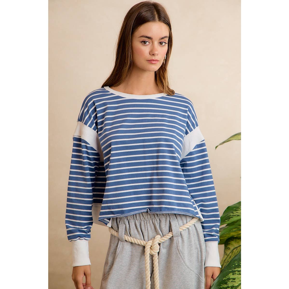 STRIPE OPEN BACK LONG SLEEVES TOP: HUNTER/IVORY