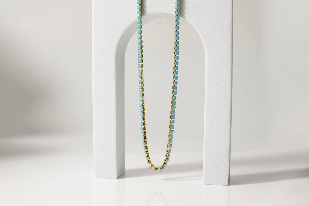 18k Gold Turquoise Rhinestone Tennis Chain Necklace: 16"+2" / 3mm