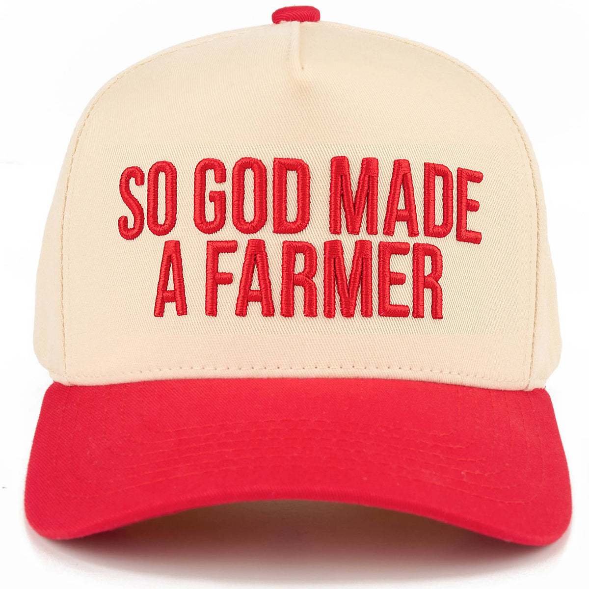 C.C SO GOD MADE A FARMER Letter Two Tone Trucker Hat: Red