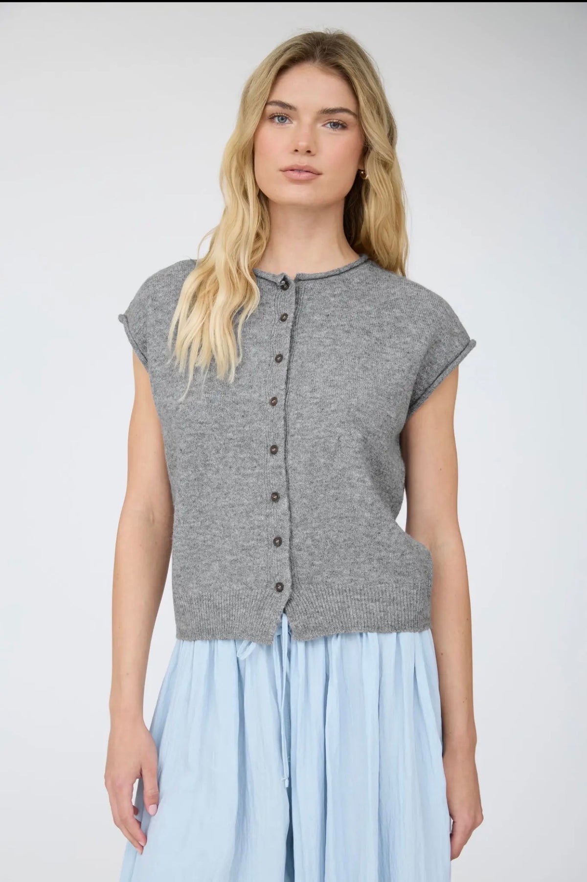 Dark Grey Rolled Edge Button Front Sweater Vest
