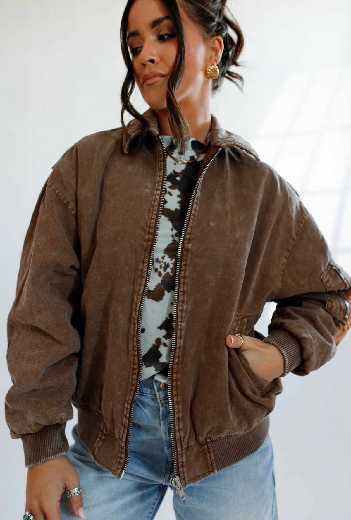 Brown Cowhide Sheer Mock Neck Top