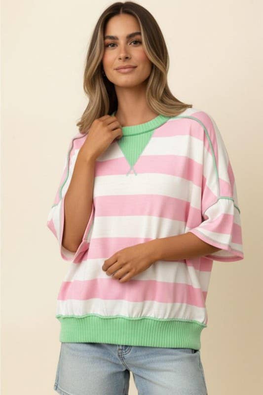 Flutter Elbow Sleeve Stripe French Terry Top