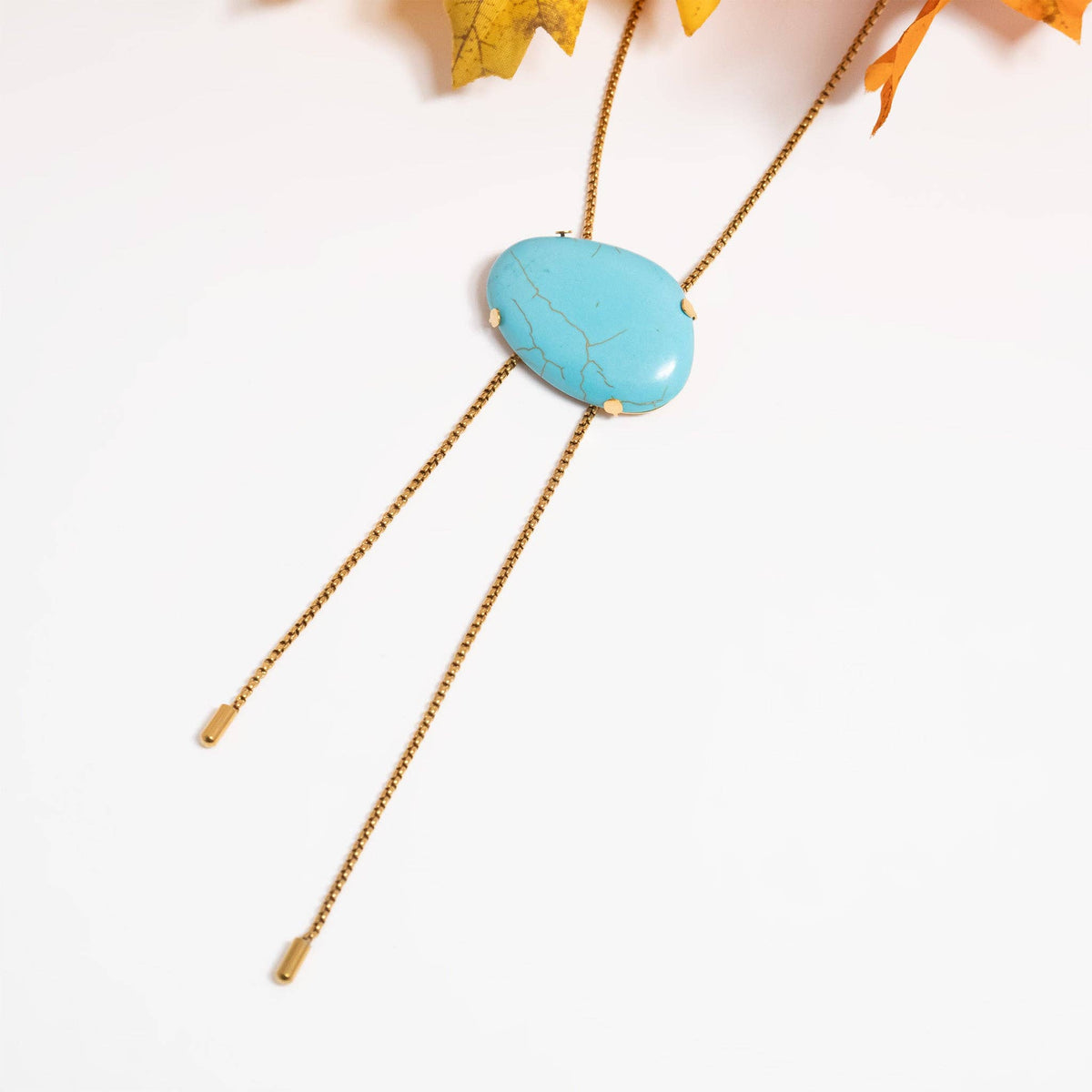 18K Gold PVD Stainless Steel Turquoise Charm Bolo Necklace: Gold