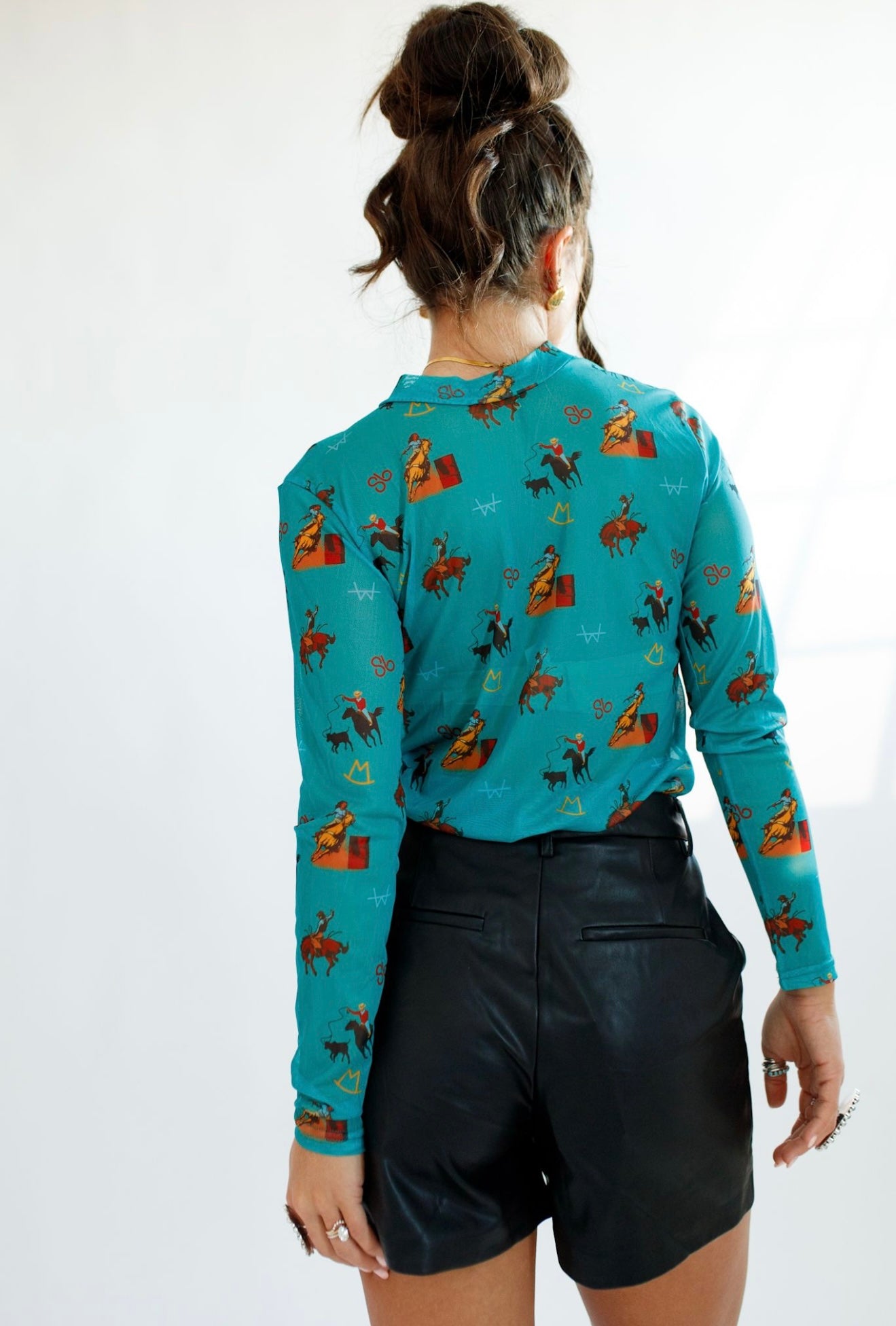 Teal Vintage Cowboy Sheer Mock Neck Top