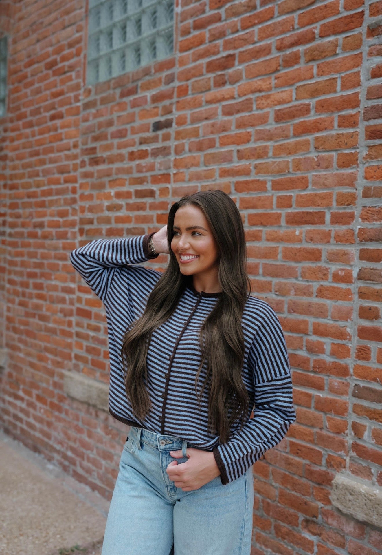 Stripe Raw Edge Drop Shoulder Knit Cardigan Brown/Blue
