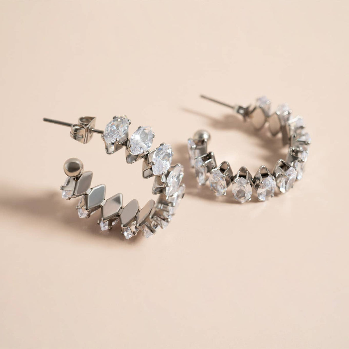18K Gold PVD Stainless Steel Marquis CZ Stone Hoop Earrings: Gold