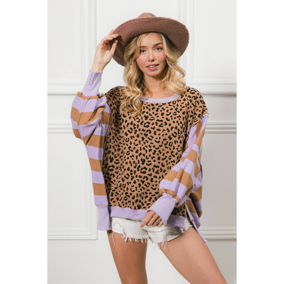 LEOPARD AND STRIPE MIXED TOP: CAMEL