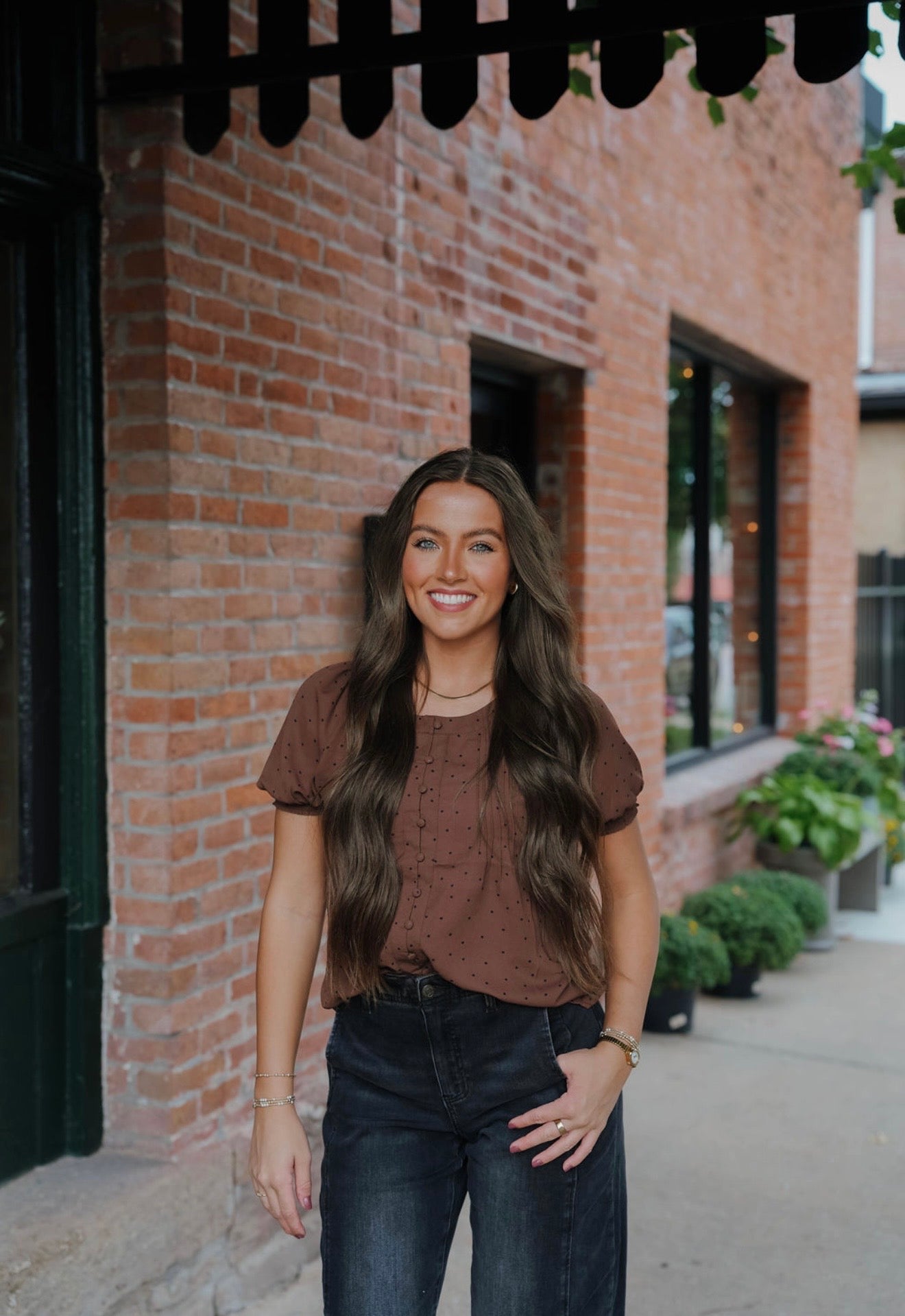 Pintuck Polka Dot Button Down Blouse