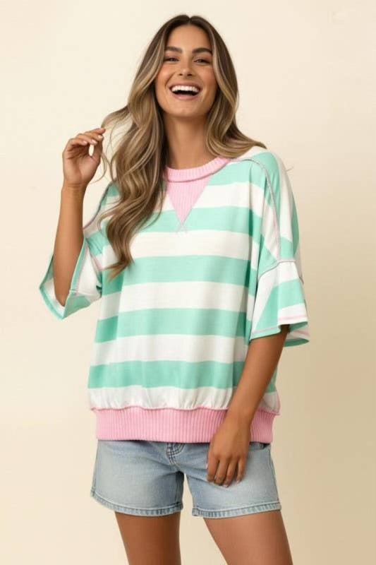 Teal Striped Shirt With Pink Outline