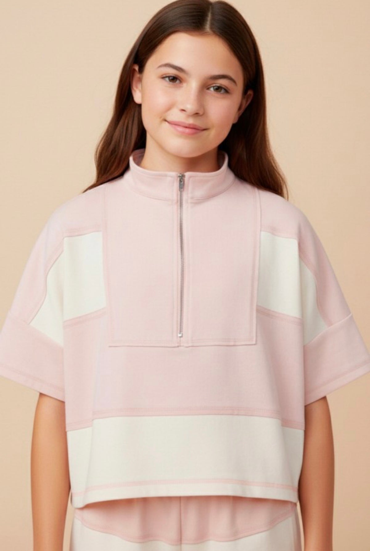 Girls Pink Color Block Stripe Half Zip Top