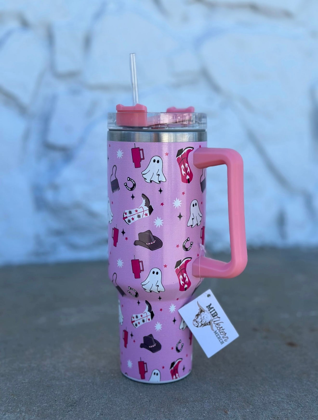 Pink Ghost Tumbler with Handle