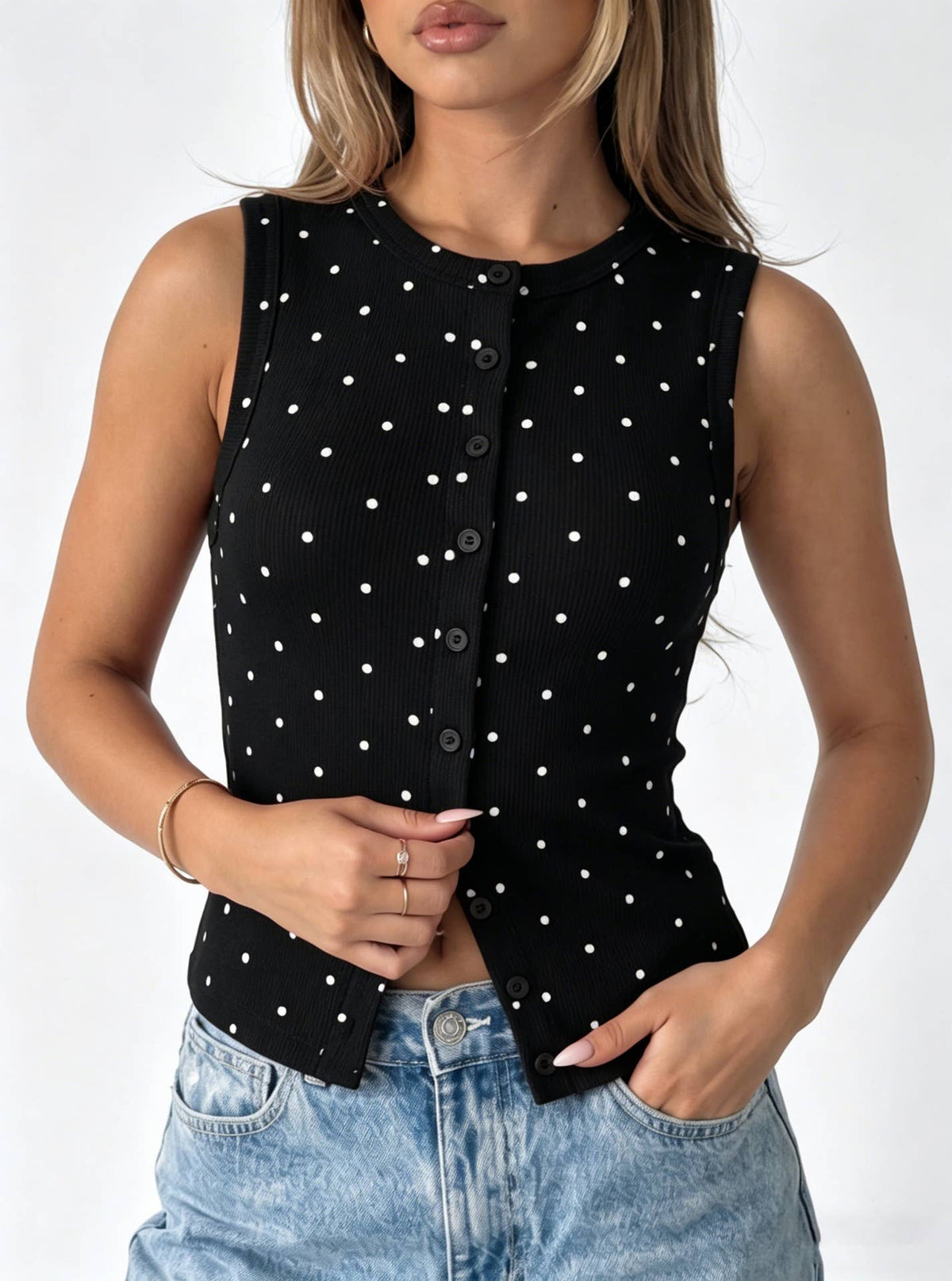 Polka Dot Ribbed Slim Fit Tank Top: Black