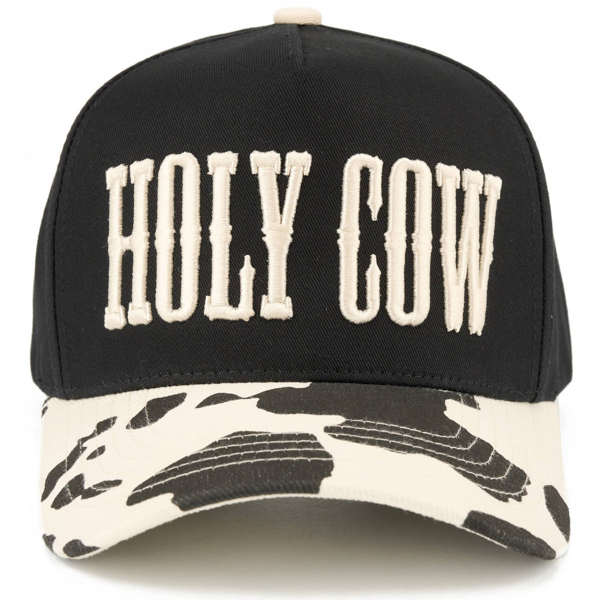 C.C HOLY COW Letter Embroidered Two Tone Trucker Hat: Black/Black